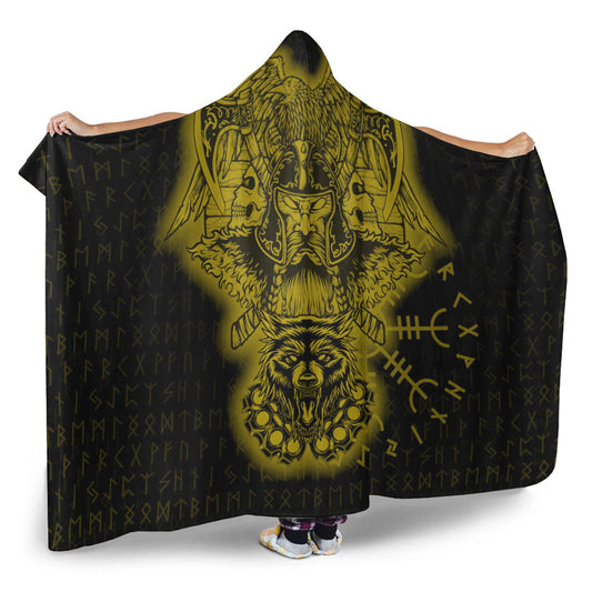 VikingStyle Hooded Blanket -Odin And Raven Wolf Gold Viking Homeset Hooded Blanket A95