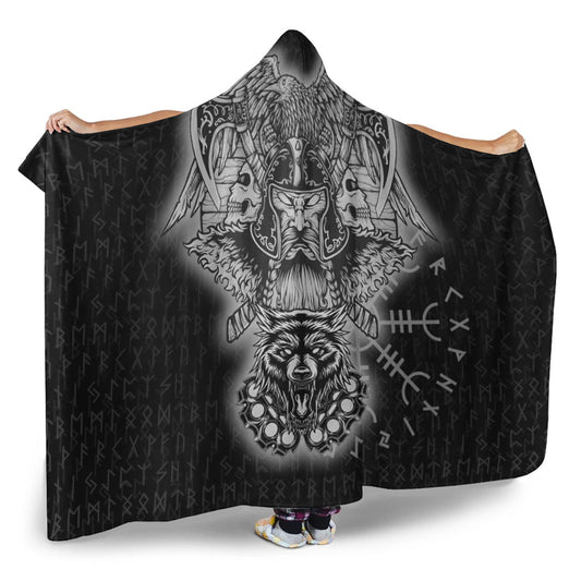 VikingStyle Hooded Blanket -Odin And Raven Wolf Viking Homeset Hooded Blanket A95