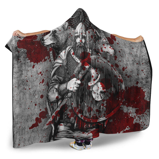 VikingStyle Hooded Blanket - Viking Odin Bear Raven Wolf Blood Hooded Blanket A95