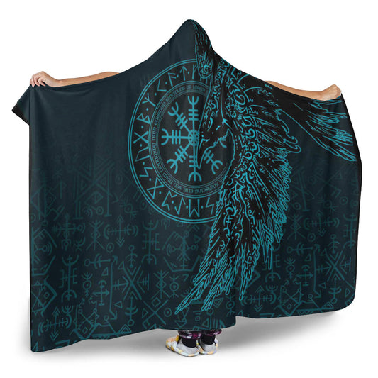 VikingStyle Hooded Blanket -Raven and Helm of Awe Cyan Hooded Blanket A94