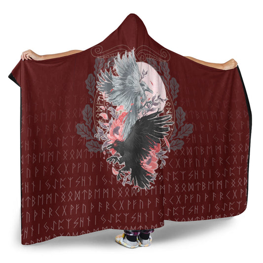 VikingStyle Hooded Blanket - Raven Black and White Red Yggdrasil HS Hooded Blanket A35