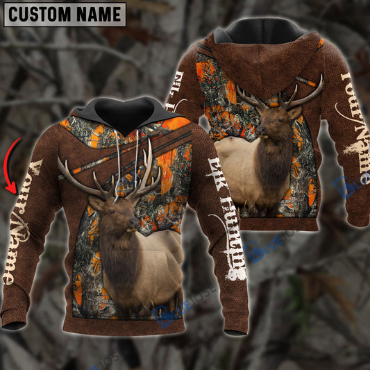 BlueJose Personalized Name Elk Hunting Orange Leather Pattern 3D Shirts