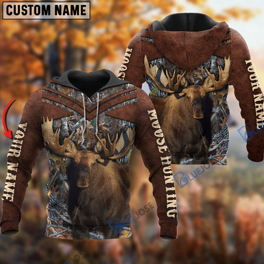 BlueJose Customized Name Moose Hunting Brown Pattern 3D Shirts