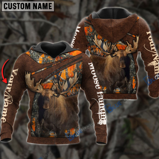 BlueJose Personalized Name Moose Hunting Orange Leather Pattern 3D Shirts