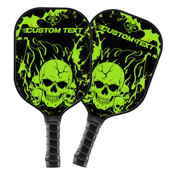 BlueJose Black And Green Flame Skull Customized Name Pickleball Paddle