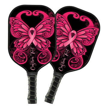 BlueJose Black And Pink Breast Cancer Ribbon Butterfly Customized Name Pickleball Paddle