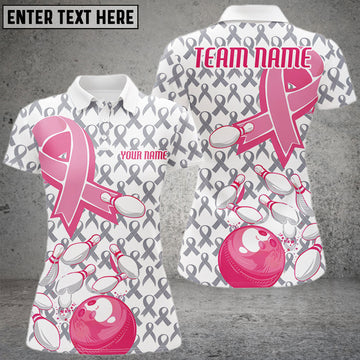 BlueJose Bowling And Pins Pink Ribbons Breast Cancer White Gray Pattern Personalized Name 3D Shirts