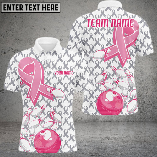 BlueJose Bowling And Pins Pink Ribbons Breast Cancer White Gray Pattern Personalized Name 3D Shirts