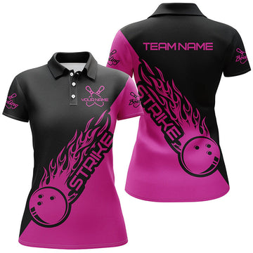 BlueJoses Pink And Black Bowling Strike Customized Name All Over Printed Shirt For Women