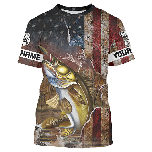 Bluejose Personalized American Flag Walleye Fishing Shirts, Patriotic Walleye