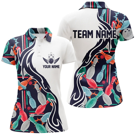 BlueJose Dark Blue Bowling Ball And Pins Pattern Premium Customized Name 3D Shirt For Women