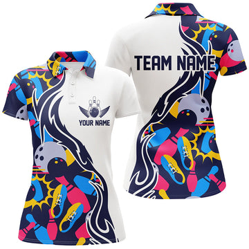 BlueJoses Multicolor Bowling Ball And Pins Pattern Premium Customized Name 3D Shirt For Women