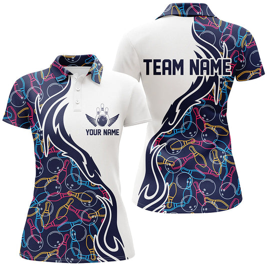 BlueJose Multicolor Bowling Ball And Pins Pattern Classic Customized Name All Over Printed Shirt For Women
