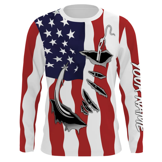 Bluejose Us Fishing Fish Hook American Flag   Custom Long Sleeves Shirts  Patriotic