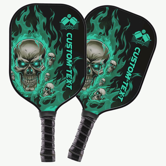 BlueJose Black And Green Flame Skull Customized Name Pickleball Paddle