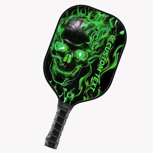 BlueJose Black And Green Flame Skull Customized Name Pickleball Paddle