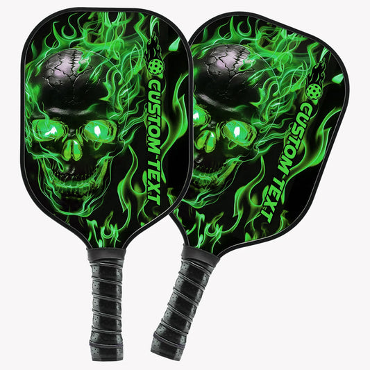 BlueJose Black And Green Flame Skull Customized Name Pickleball Paddle