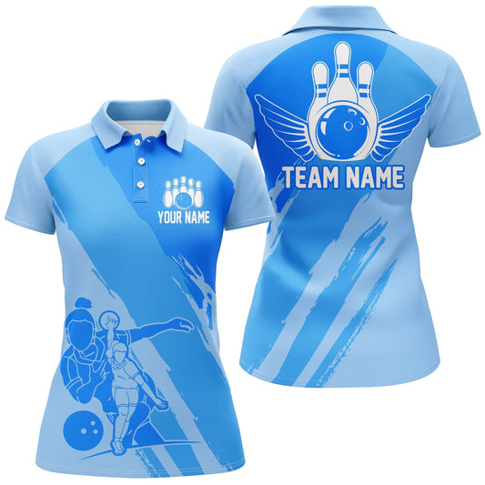 BlueJose Cyan Bowling Player Classic Customized Name All Over Printed Shirt For Women