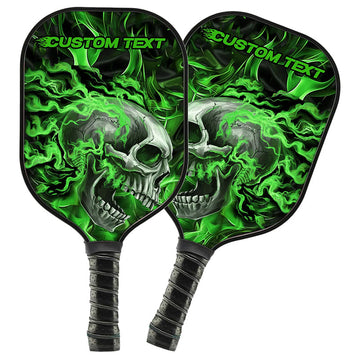 BlueJose Black And Green Flame Skull Customized Name Pickleball Paddle