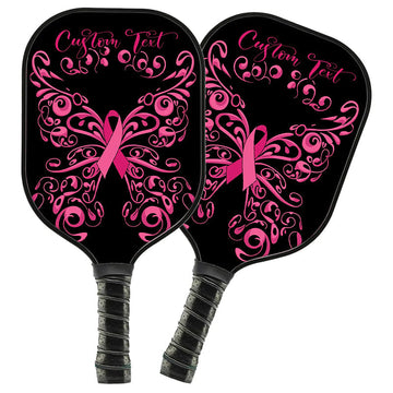 BlueJose Black And Pink Breast Cancer Ribbon Butterfly Customized Name Pickleball Paddle