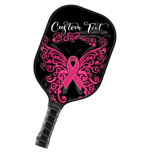 BlueJose Black And Pink Breast Cancer Ribbon Butterfly 2 Customized Name Pickleball Paddle