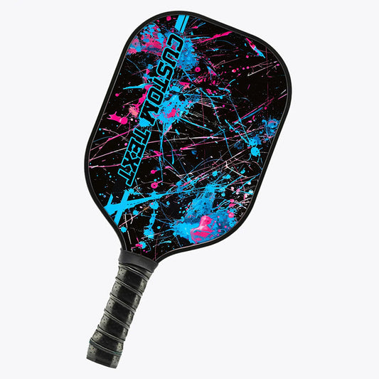 BlueJose Blue And Pink Paint Splatter Customized Name Pickleball Paddle