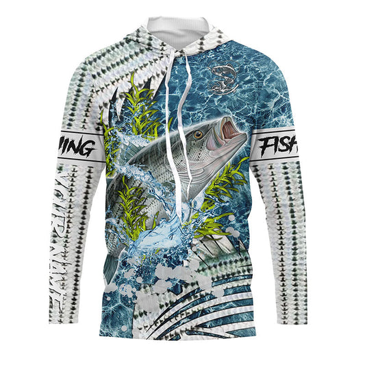 Bluejose Striped Bass Fishing Custom Scales Water Camo Fishing Shirt | Long Sleeve, Long Sleeve Hooded