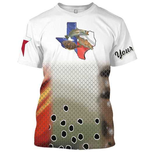 Bluejose Texas Slam Redfish, Speckled Trout, Flounder Fishing Texas Flag Custom Name 3D Shirts