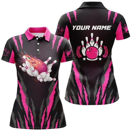 BlueJose Pink Flame Bowling Ball & Pins Premium Customized Name 3D Shirt For Women