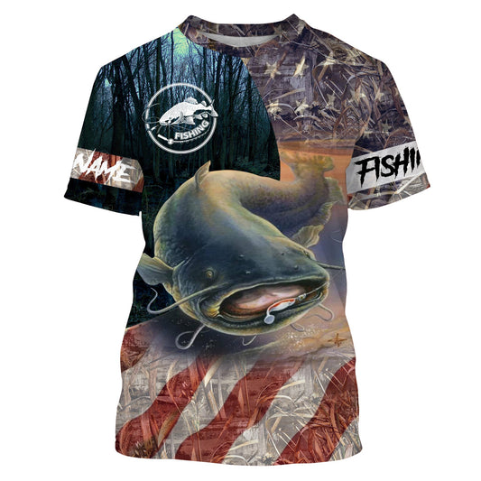 BlueJose American Flag Patriotic Big Catfish Fishing Customize Name Shirt