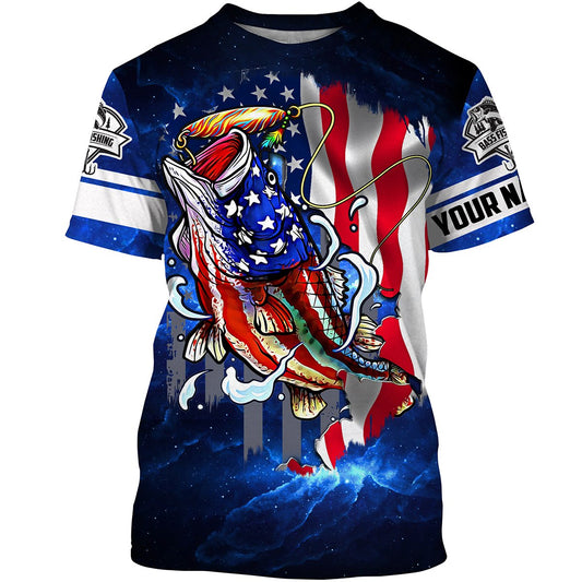 Bluejose Bass Fishing 3D American Flag Patriotic Customize Name All Over Print Shirt