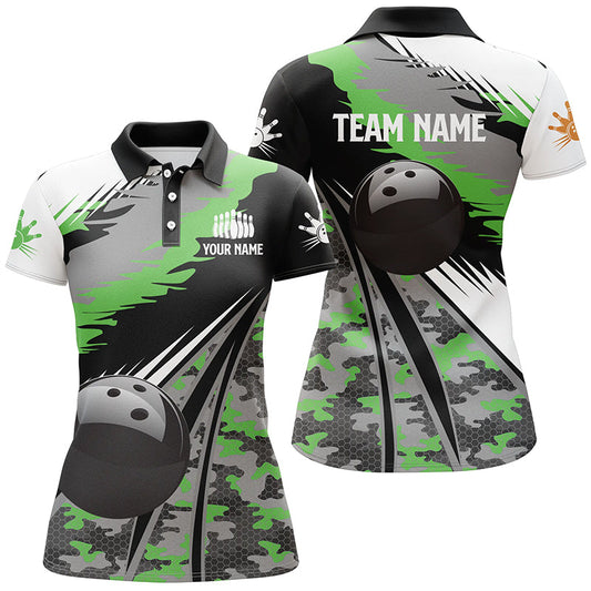 BlueJoses Black Ball Green Camo Bowling Premium Customized Name 3D Shirt For Women