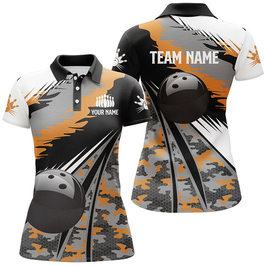 BlueJose Black Ball Orange Camo Bowling Premium Customized Name 3D Shirt For Women