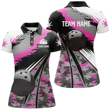 BlueJoses Black Ball Pink Camo Bowling Premium Customized Name 3D Shirt For Women