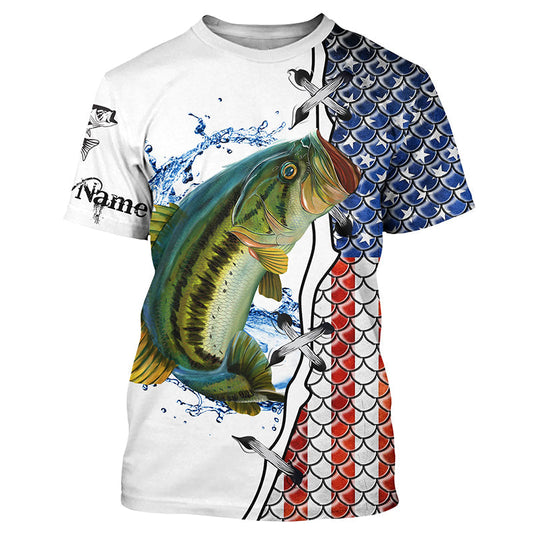 BlueJose American Flag Largemouth Bass Patriotic Fishing Customize Name Shirt