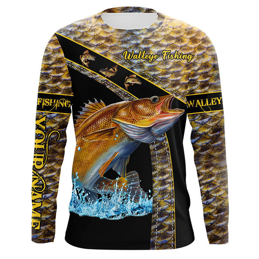 Bluejose Walleye Fishing Yellow Walleye Scales Custom Name Walleye Fishing Long Sleeve, Long Sleeve Hooded