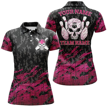 BlueJoses Pink Bowling Skeleton Customized Name All Over Printed Shirt For Women