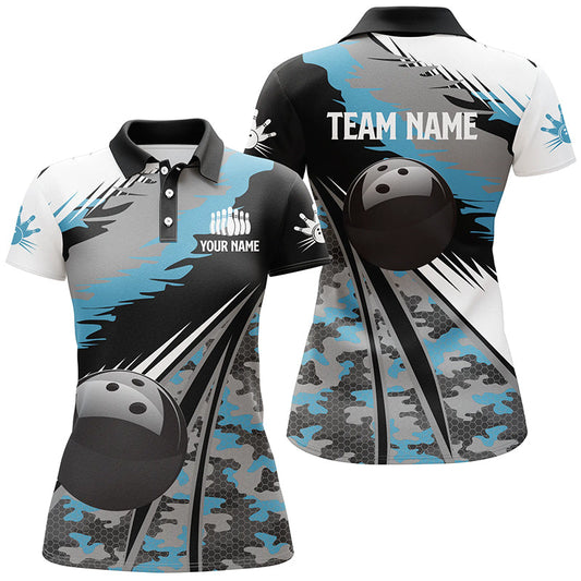 BlueJose Black Ball Blue Camo Bowling Personalized All Over Printed Shirt For Women