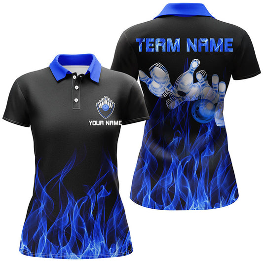 BlueJose Blue Flame Pattern Black Bowling Premium Customized Name 3D Shirt For Women