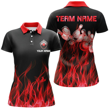 BlueJose Red Flame Pattern Black Bowling Premium Customized Name 3D Shirt