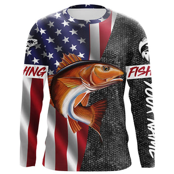 Bluejose American Flag Patriotic Redfish Fishing Jerseys, Personalized Red Drum Fishing Long Sleeve Shirts