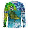 Bluejose Custom Mahi Mahi Fishing Green Scales Blue Sea Wave Camo Tournament Fishing Jersey