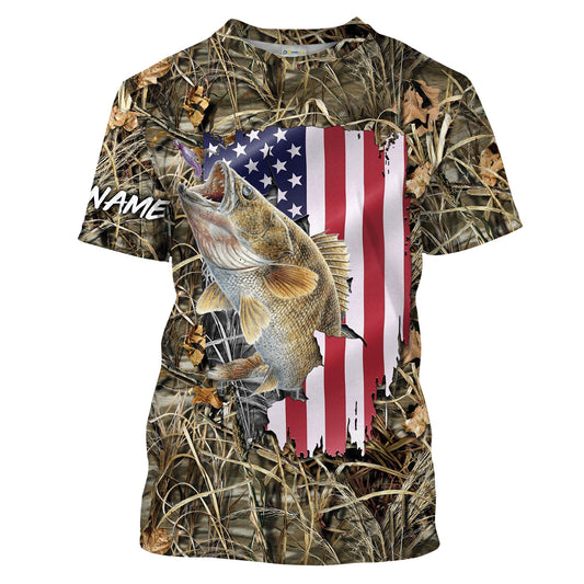 BlueJose American Flag Walleye Camo Customize Name Fishing Shirt