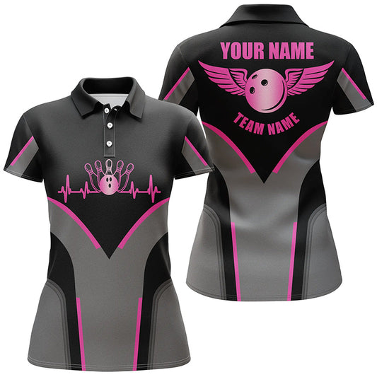 BlueJose Black Pink Bowling Heartbeat Premium Customized Name 3D Shirt For Women