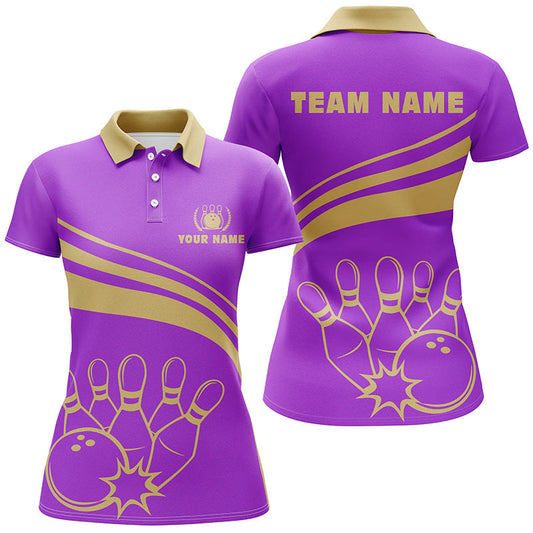 BlueJose Purple And Gold Bowling Ball And Pins Pattern Premium Customized Name 3D Shirt For Women Personalized Shirts For Bowling Players