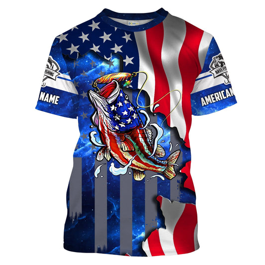 BlueJose Bass Fishing American Flag Patriotic Customize Name Fishing Shirt