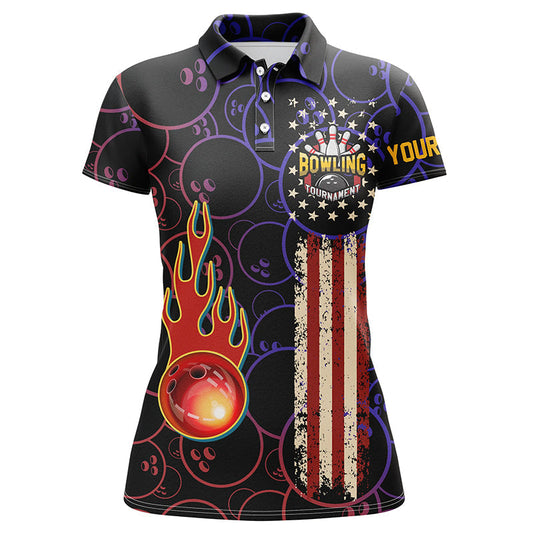 BlueJose Patriotic Bowling Tournament American Flag Black Bowling Premium Customized Name 3D Shirt For Women