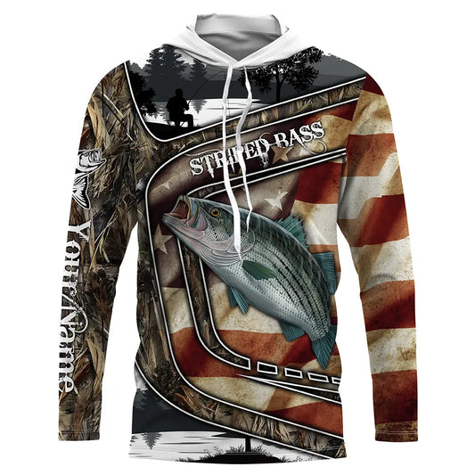 Bluejose American Flag Patriotic Striped Bass Fishing 3D Shirts