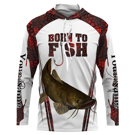 Bluejose "Born To Fish" Catfish Fishing Red Camo Custom Name   Long Sleeve Fishing Shirts