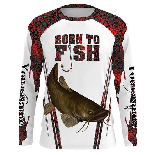 Bluejose "Born To Fish" Catfish Fishing Red Camo Custom Name   Long Sleeve Fishing Shirts